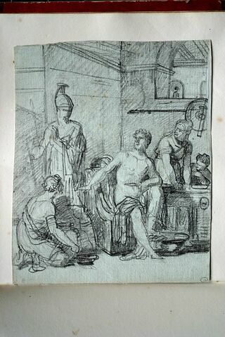 Scène antique : à l'intérieur d'un palais, un homme nu assis, le pied gauche posé sur le bord d'une cuvette, avec à sa droite une femme et un enfant, à sa gauche, une femme à genoux et la figure d'Athéna debout, image 2/2