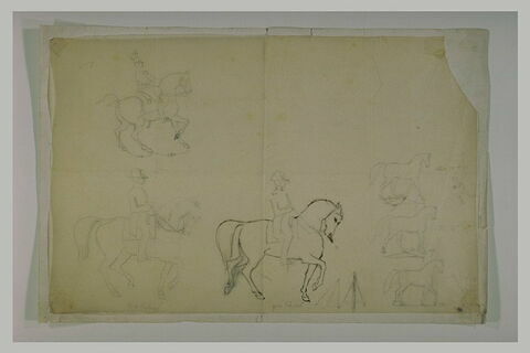 Etudes de mouvements avec trois cavaliers, et trois croquis de cheval, image 1/1