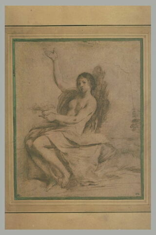 Etude d'une femme à demi nue, assise, tenant une coupe de fleurs, image 2/2