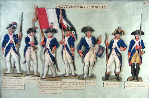 Sept costumes de soldats de l'armée parisienne