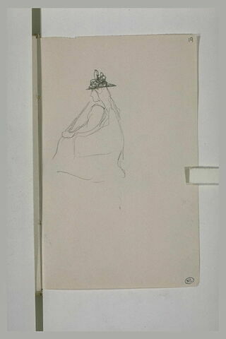 Femme assise, coiffée d'un chapeau, vue de profil