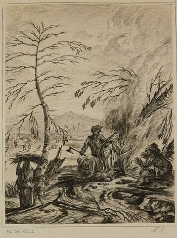 Figures se chauffant d'un feu de bois et d'autres ramassant des fagots, image 1/2