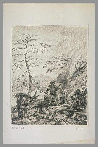 Figures se chauffant d'un feu de bois et d'autres ramassant des fagots, image 2/2