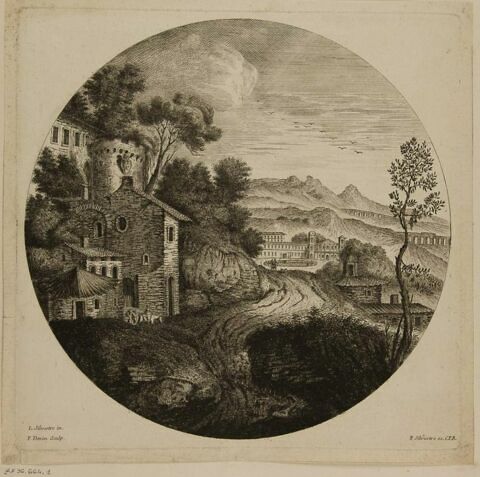 Paysage avec deux voyageurs et diverses constructions dont des aqueducs