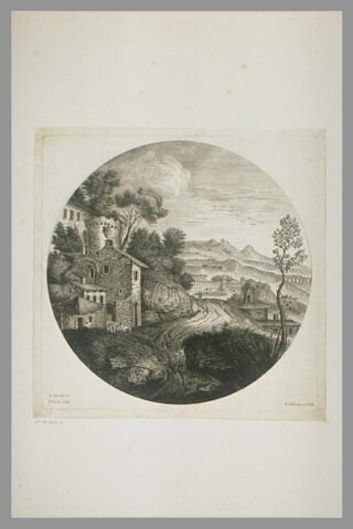 Paysage avec deux voyageurs et diverses constructions dont des aqueducs, image 2/2