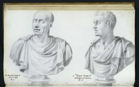 Deux bustes l'un de 'M. MARCELLO' ; l'autre de 'POMPEO'