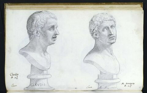 Deux bustes représentant l'un 'CLAUDIO' ; l'autre 'M. ANTONIO'