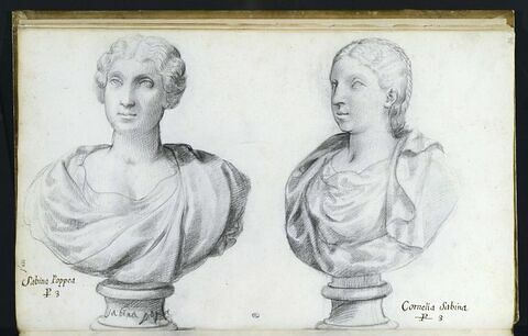 Deux bustes représentant l'un 'SABINA POPPEA' ; l'autre 'CORNELIA SABINA'