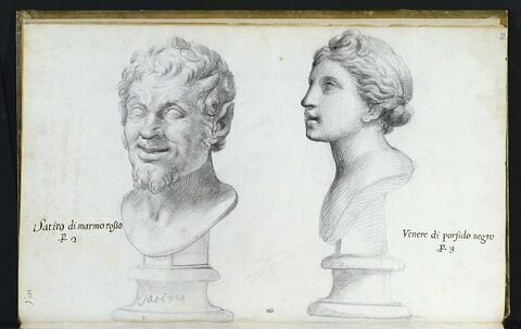 Deux bustes : 'SATIRO di MARMO ROSSO' ; 'VENERE di PORFIDO NEGRO'