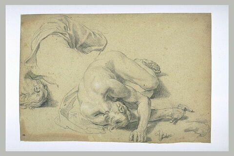 Deux études pour un personnage recroquevillé, étendu à terre, et mains, image 1/1