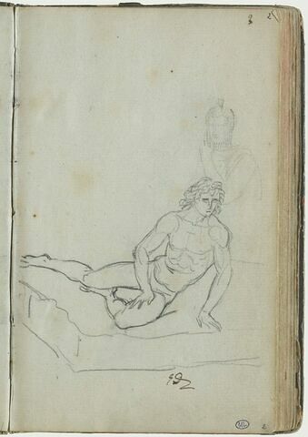 Jeune homme nu, allongé sur une estrade, et silhouette en buste