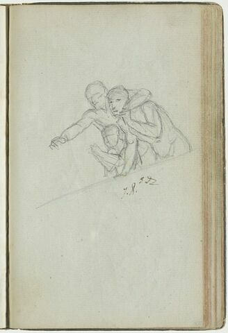 Deux hommes et un enfant nus, au-dessus d'une rambarde