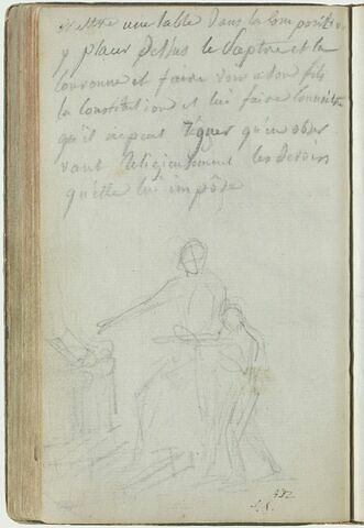 Croquis d'un homme et d'un enfant, près d'une table et note manuscrite