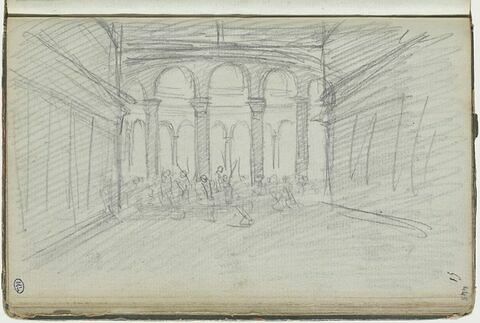 Vue d'une rotonde avec arcade, et croquis de personnages, image 1/1