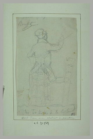 Peintre assis devant son chevalet, vu de dos, un pinceau à la main, image 1/1