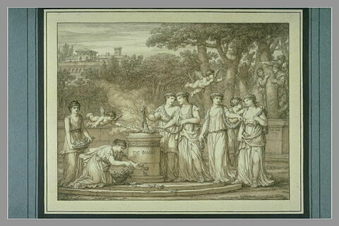 Sept jeunes filles apportant des offrandes sur un petit autel rond
