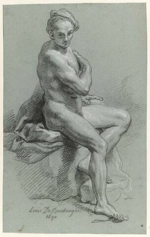 Académie d'homme nu, assis, coiffé d'un béret, une draperie derrière son dos