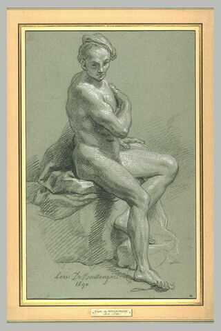 Académie d'homme nu, assis, coiffé d'un béret, une draperie derrière son dos, image 2/2