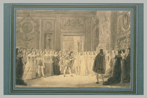 Importante assemblée, vêtue en costumes du XVIIIè siècle, entoure un couple