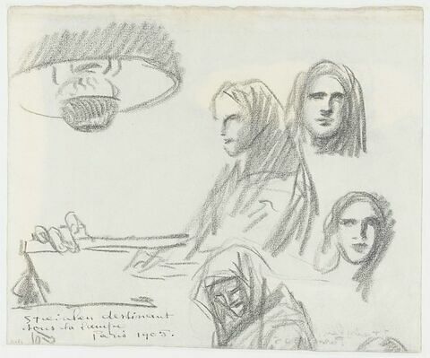 Steinlen dessinant sous une lampe, et croquis de quatre têtes