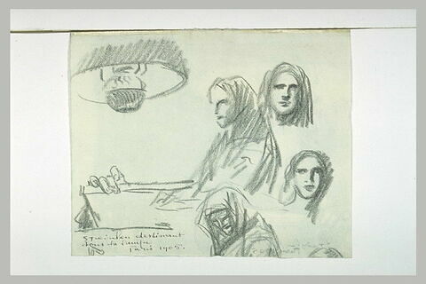 Steinlen dessinant sous une lampe, et croquis de quatre têtes, image 2/2