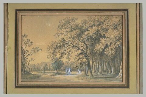 Paysage avec deux cavaliers et trois figures dans une allée bordée d'arbres