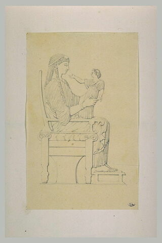 Statue de femme grecque, assise, tenant son enfant debout sur ses genoux