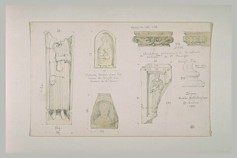Feuille d'études : chapiteaux, bases de colonnes et différents reliefs, image 1/1