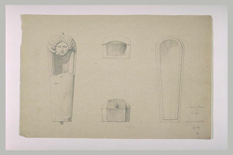 Coupe et vue de l'intérieur d'un sarcophage orné d'une tête féminine