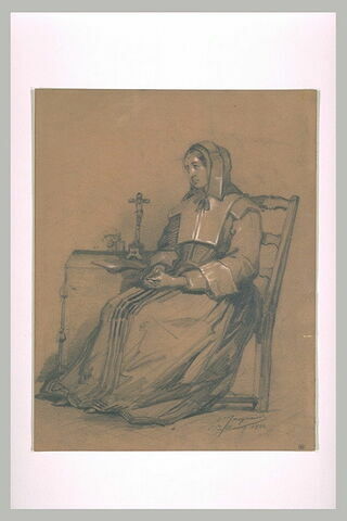 Femme en costume XVIIè siècle, assise, et priant près d'une table