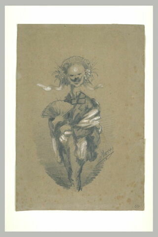 Caricature : homme tenant un éventail et s'enroulant dans un châle, image 1/1