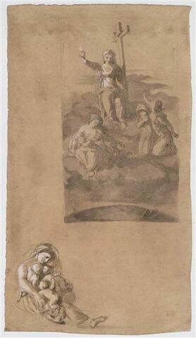 La Vierge sur des nuages tenant le Sacré-Coeur de Jésus et la Croix