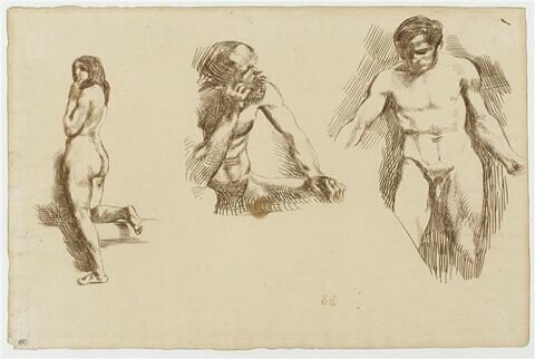 Feuille de croquis : femme nue, debout, de dos, homme assis et homme debout, image 1/1