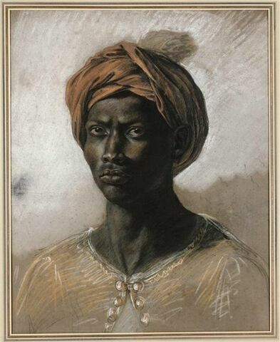 Jeune homme vu en buste, la tête coiffée d'un turban rouge