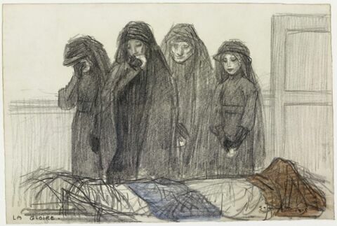 La gloire : quatre femmes en grand deuil devant un cercueil, image 1/2
