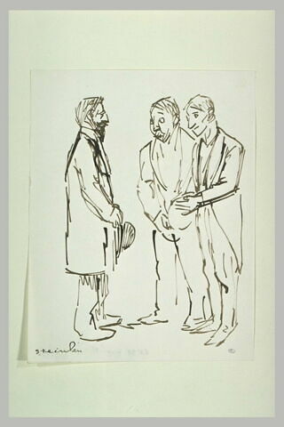 Deux hommes tournés vers un homme tenant un chapeau melon, image 1/1