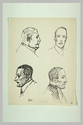Feuille de croquis : quatre têtes d'hommes, dont une de face, image 1/1