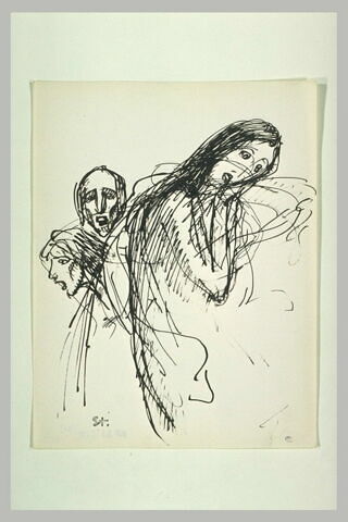 Une femme appuyant son menton sur ses mains, et deux têtes, image 1/1