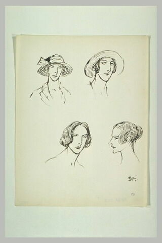 Quatre têtes de femmes dont deux coiffées d'un chapeau, image 1/1