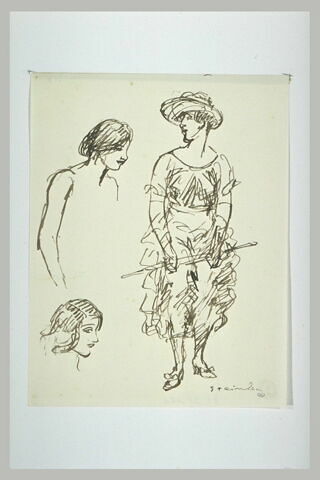 Feuille d'études : femme de face tenant à deux mains une ombrelle, image 1/1