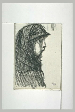 Femme vue en buste, enveloppée dans un voile noir, image 1/1