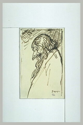 Croquis caricatural d'un vieillard, en buste avec une longue barbe