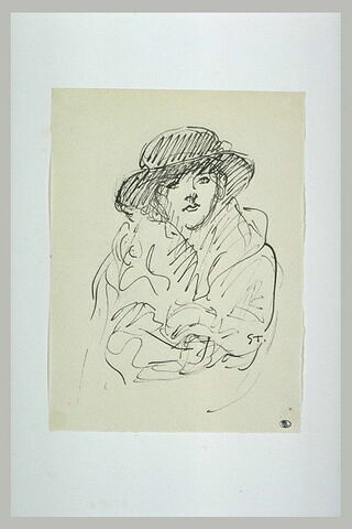 Femme vue en buste, vêtue d'un manteau à large col et coiffée d'un chapeau, image 1/1