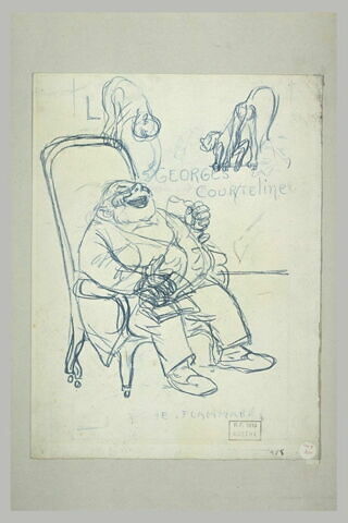 Homme assis dans un fauteuil, riant, et deux croquis de singes, image 1/1