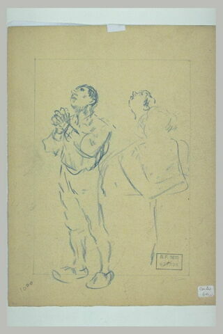 Feuille d'études : homme debout joignant les mains, et croquis de sa tête, image 1/1