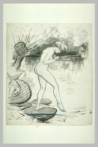 Jeune femme au bord d'un étang, tâtant l'eau du bout de son pied droit, image 1/1