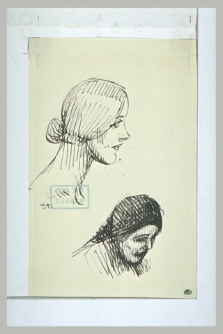 Tête de femme de profil ; tête de femme, coiffée d'un foulard, penchée, image 1/1