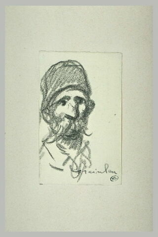 Tête d'homme âgé, de face, avec de longues moustaches, et coiffé d'une toque, image 1/1
