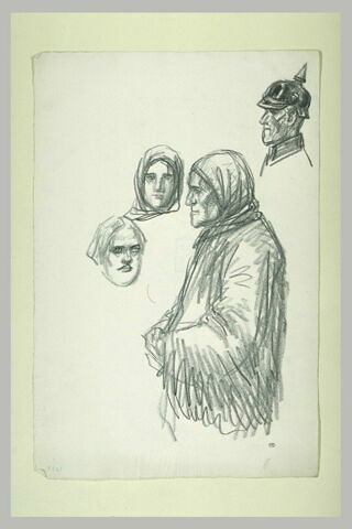 Feuille d'études : vieille femme à mi-corps, tête de soldat, et de femme, image 1/1