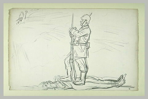 Allégorie de la Guerre : soldat prussien tenant une baïonnette sur une femme